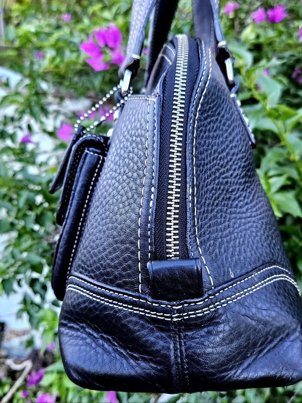 Coach Hampton Domed Satchel F13963 Black Pebbled Leather Turnlock Bag